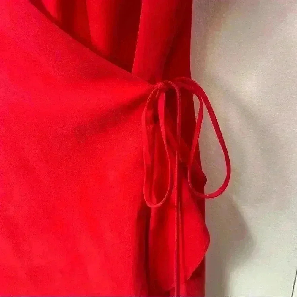 NL by Nina Leonard- Silk Wrap Dress with Ruffle- Long Sleeve- Red- Petite 12 - Picture 3 of 7